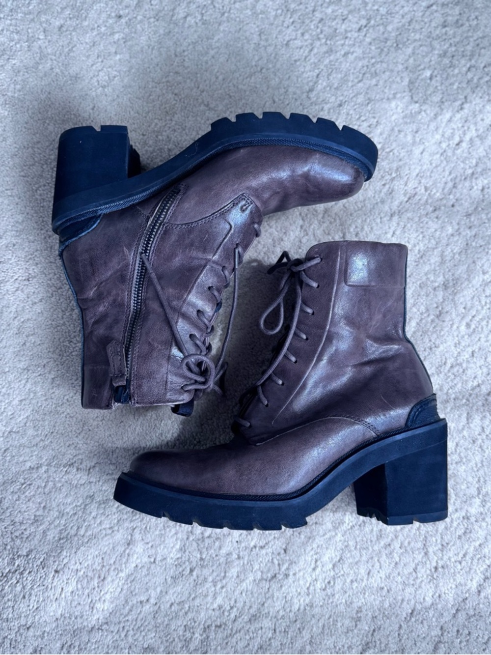Brown Lace-Up Leather Ankle Boots with Block Heel
